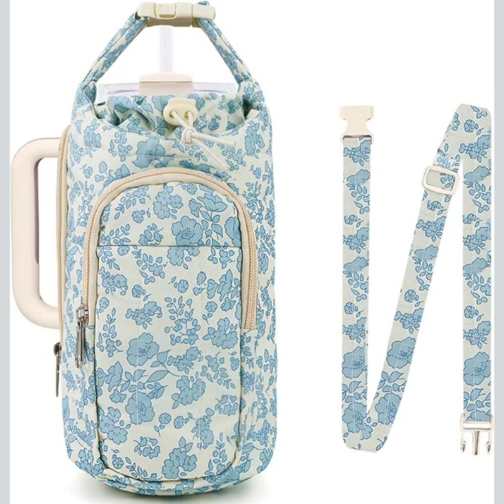 Puoqu-Floral Insulated Handle Tumbler Carrier/Crossbody (Blue 🩵)